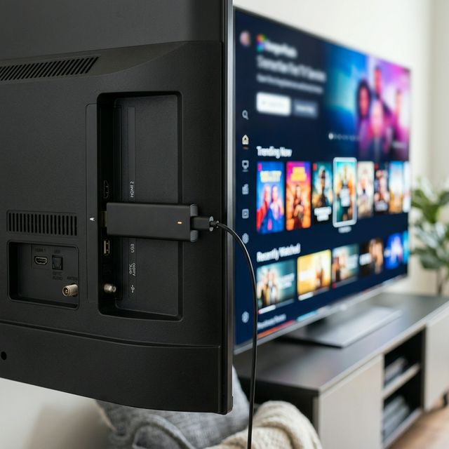 Firestick conectado ao HDMI de uma TV para o artigo sobre IPTV no Fire TV Stick